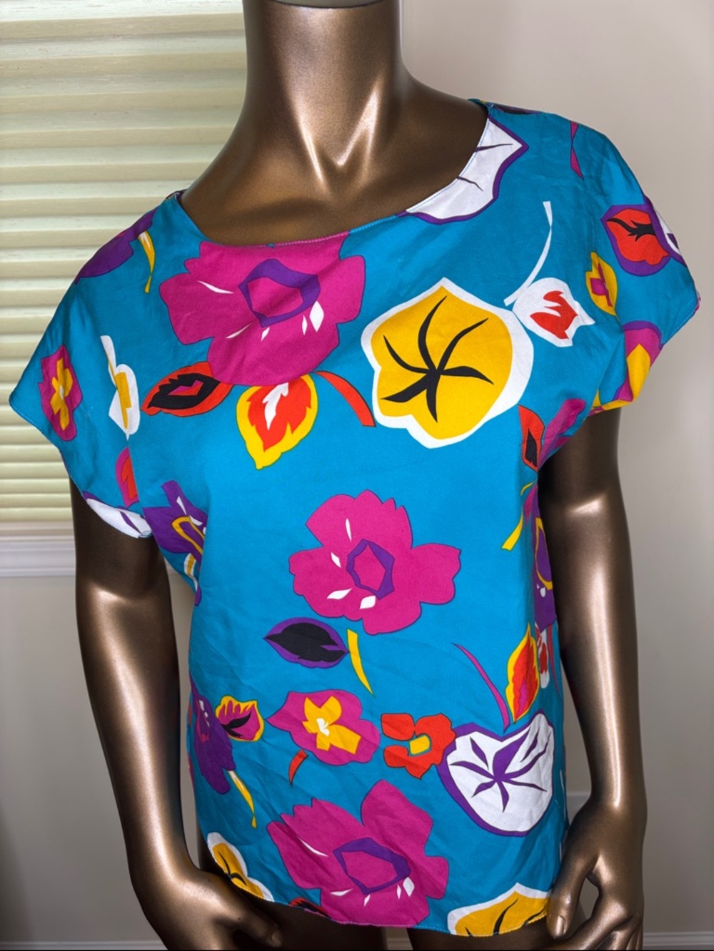 Vintage Bright Floral Scoop Neck Women's Top - Turquoise